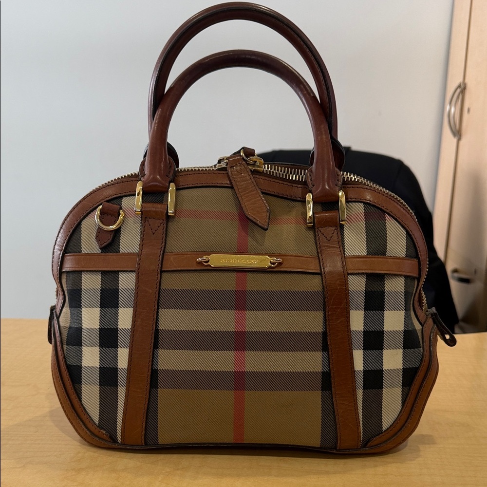Burberry Brown Plaid Leather Trim Bowling Satchel